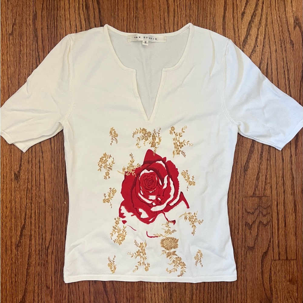 White Max Studio Top with Rose Design